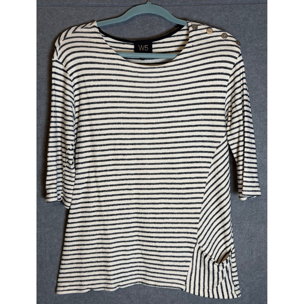 W5 Top L Navy/White Striped Shoulder Button Asymmetric Pocket Coastal Nautical